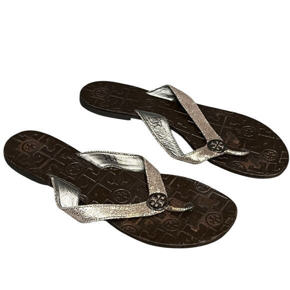 Tory Burch Thora Thong Sandal 9 Brown Glitter Leather Flip Flops Logo Medallion - Picture 4 of 16